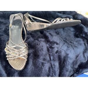 STUART WEITZMAN SNAKE PRINT LEATHER LOW WEDGE SANDALS 7.5N